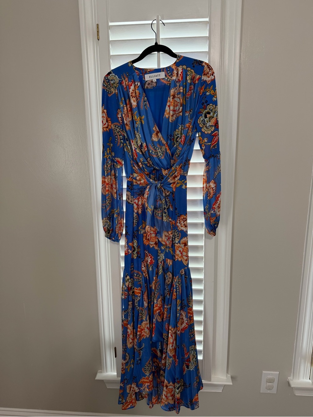 Elliatt Blue Floral Wrap Maxi Dress with Orange and Cream Blooms